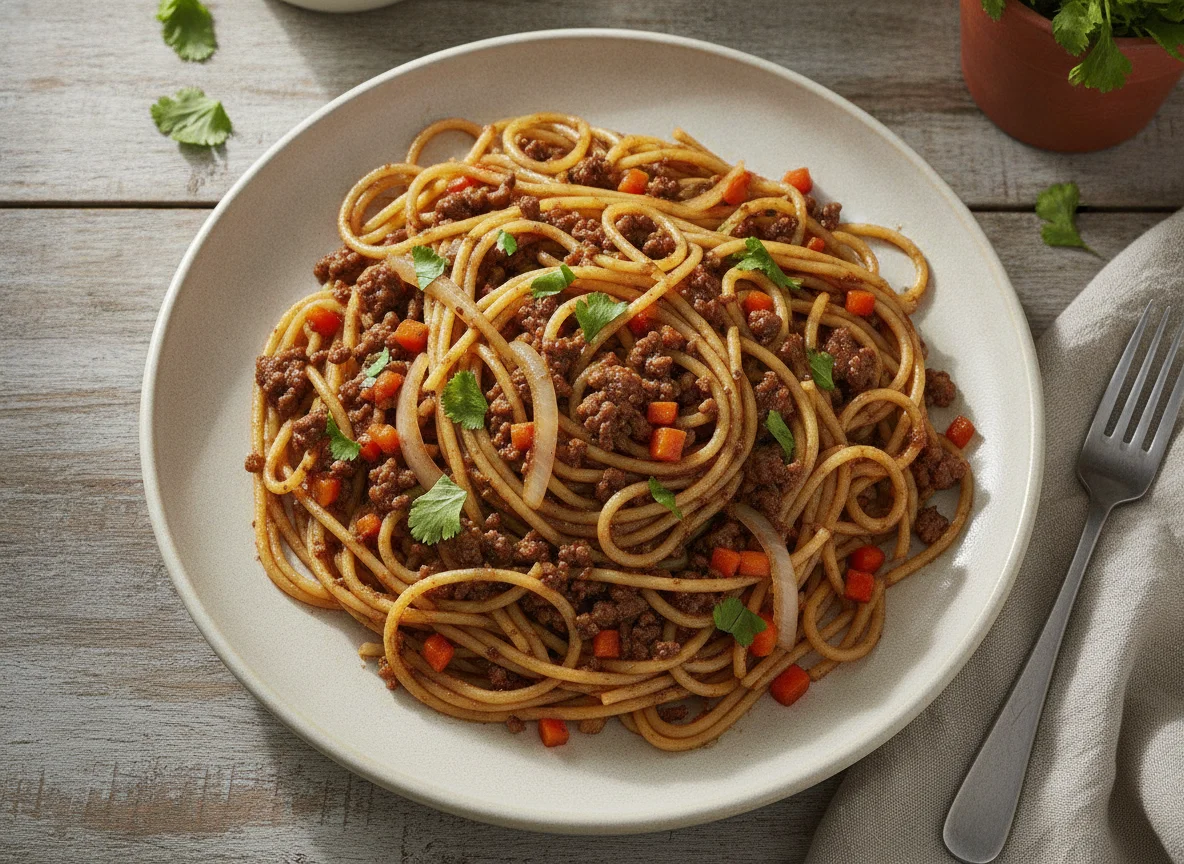 Espaguetis con carne y vegetales photo