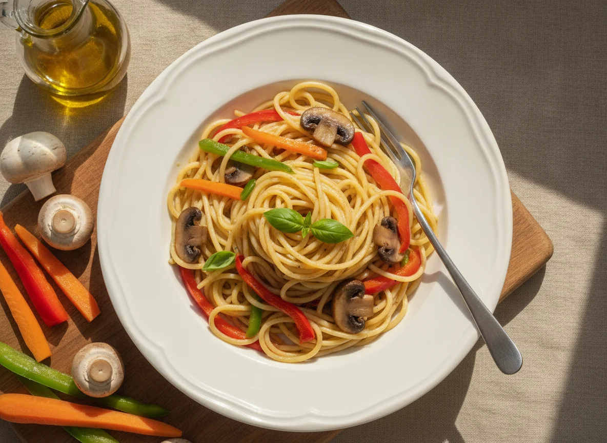 Espaguetis con champiñones y verduras photo