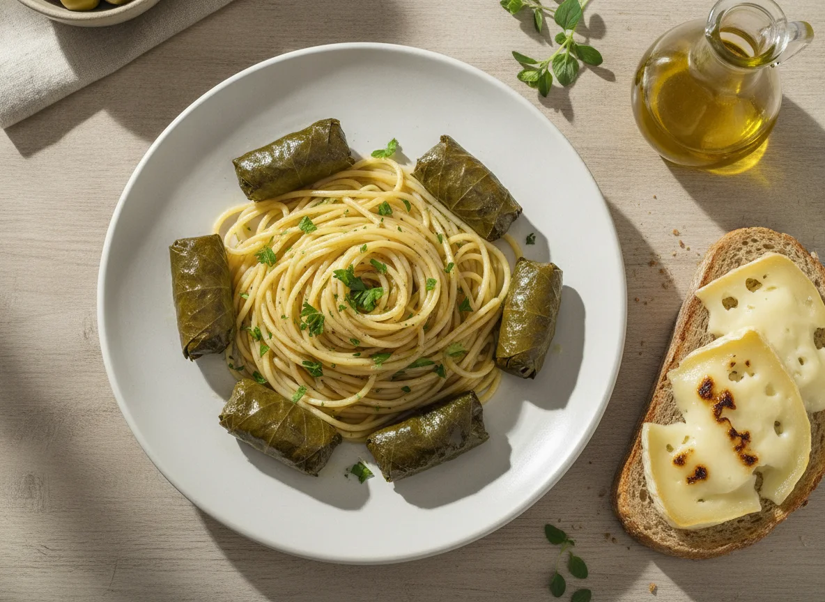 Espaguetis con dolmades y pan con queso photo