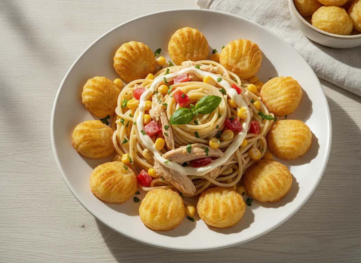 Espaguetis con ensalada de pollo y papas duquesas photo