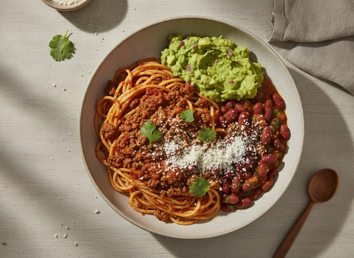 Espaguetis con frijoles, guacamole y queso photo