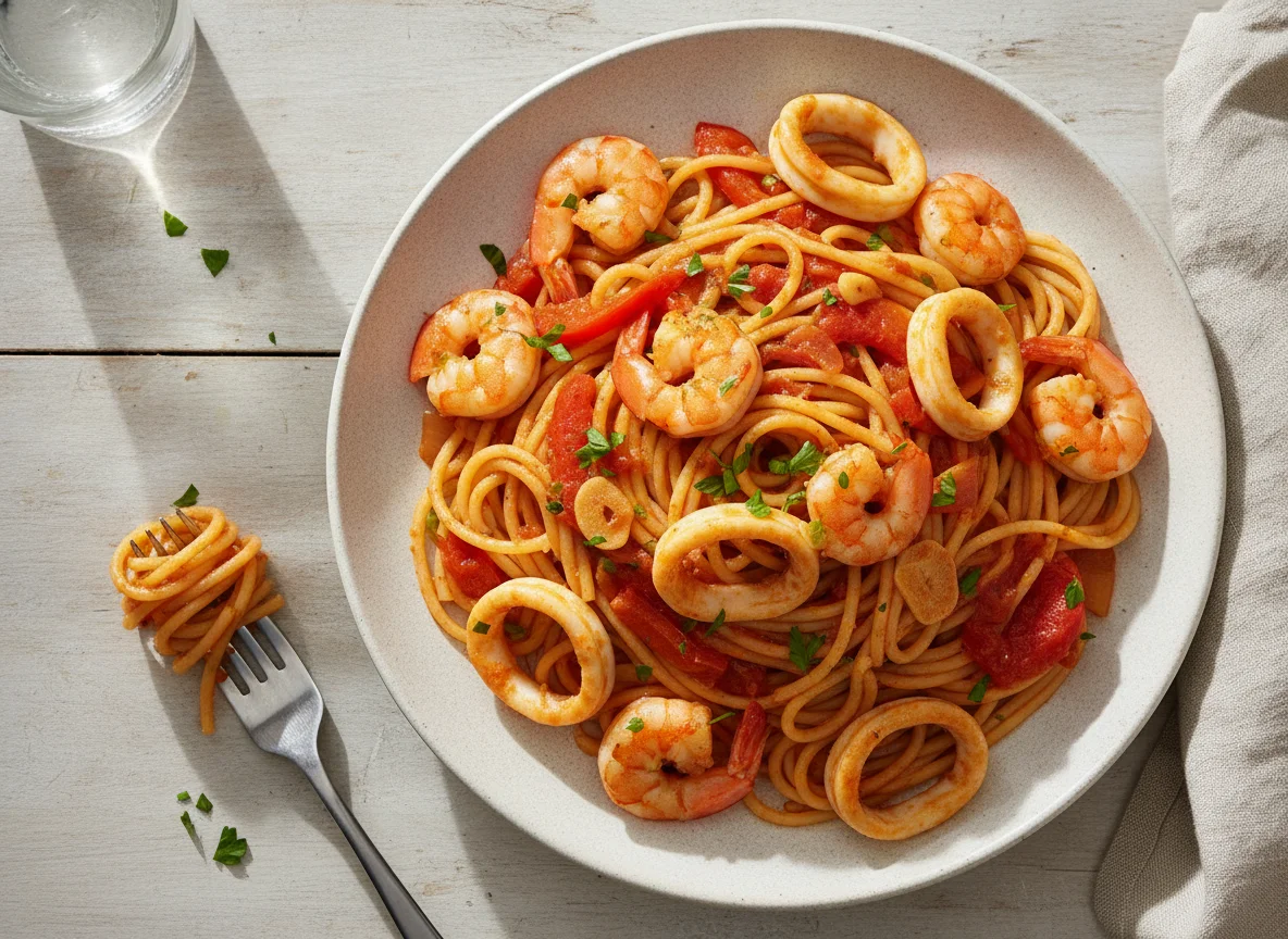 Espaguetis con gambas y calamares photo