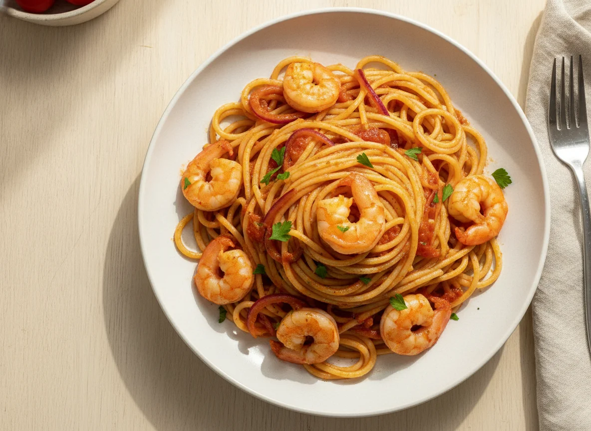 Espaguetis con gambas y cebolla roja photo