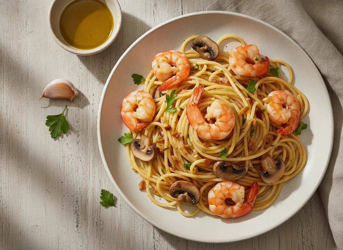 Espaguetis con gambas y champiñones photo