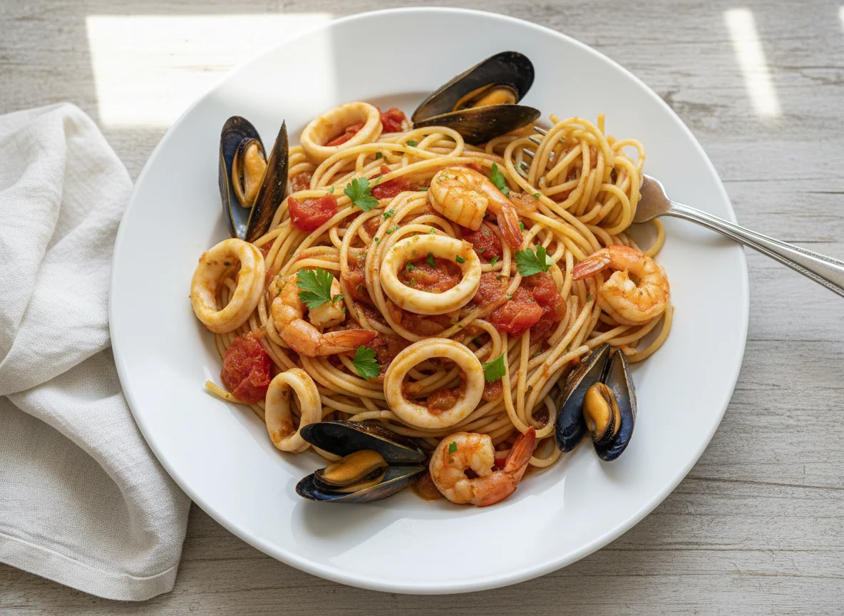 Espaguetis con marisco photo
