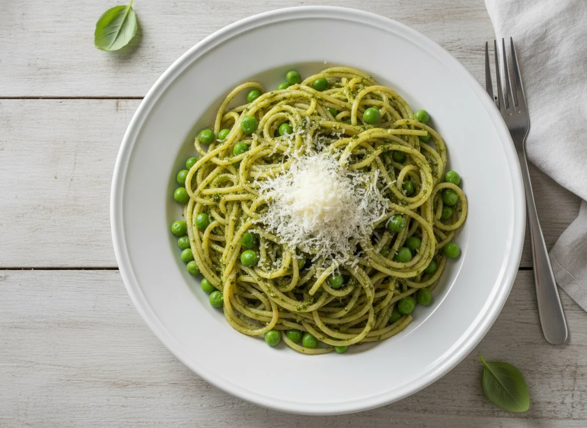 Espaguetis con pesto, guisantes y queso rallado photo