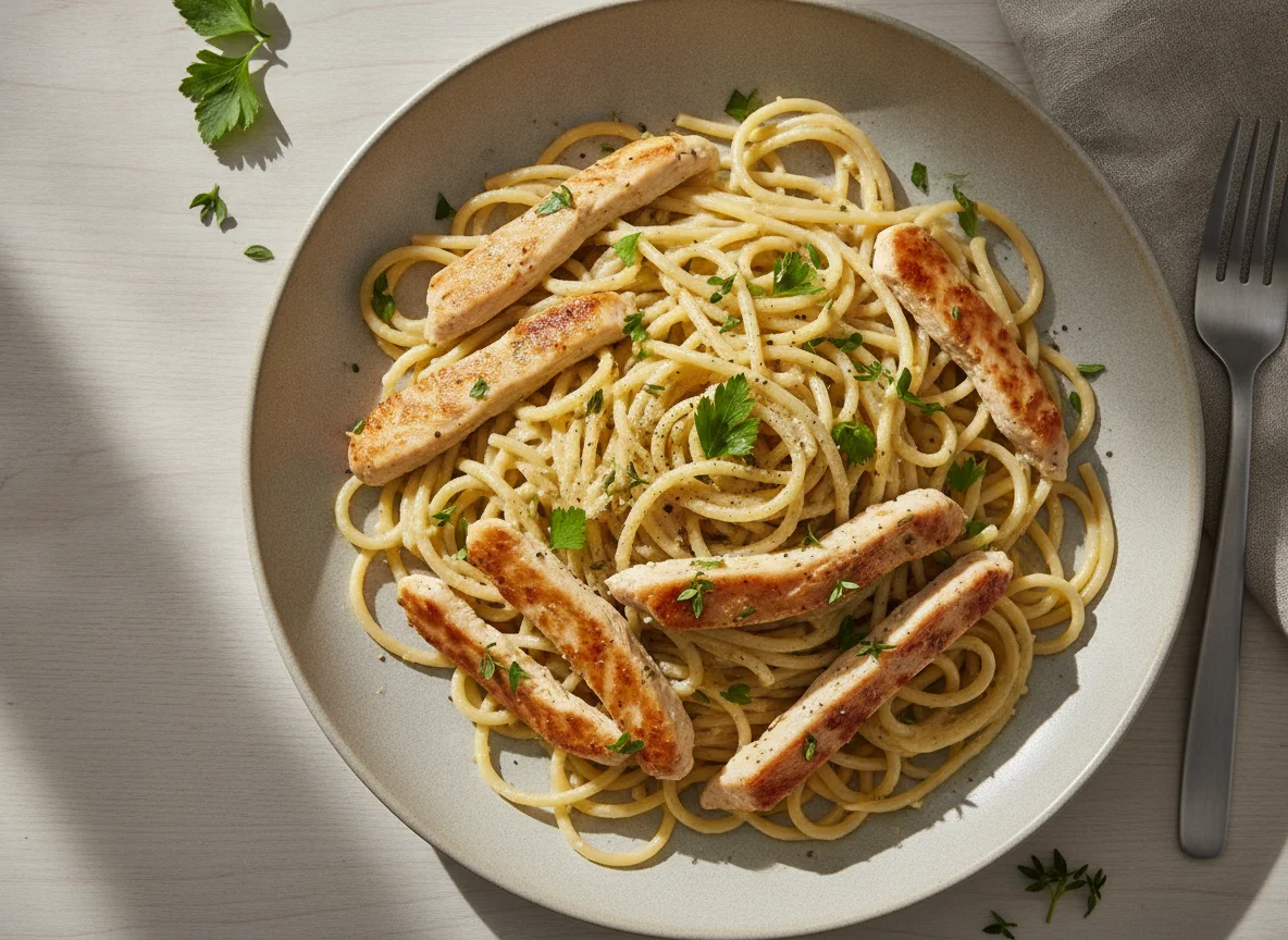 Espaguetis con pollo en salsa cremosa photo
