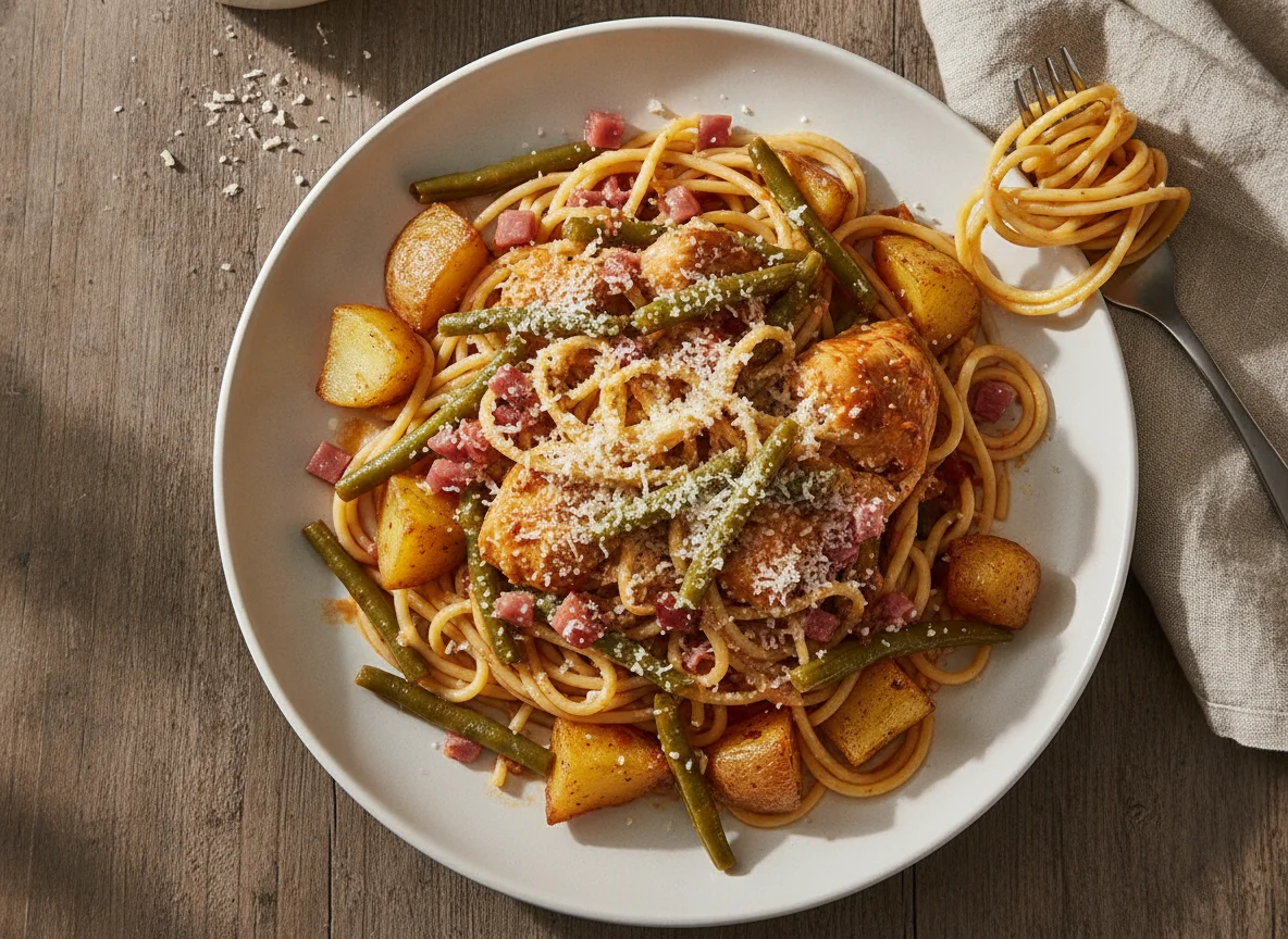 Espaguetis con pollo, judías verdes y patatas photo