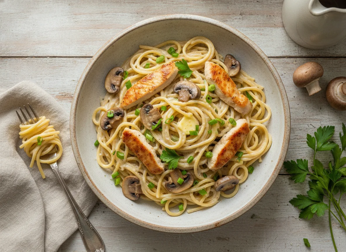 Espaguetis con pollo y champiñones en salsa blanca photo