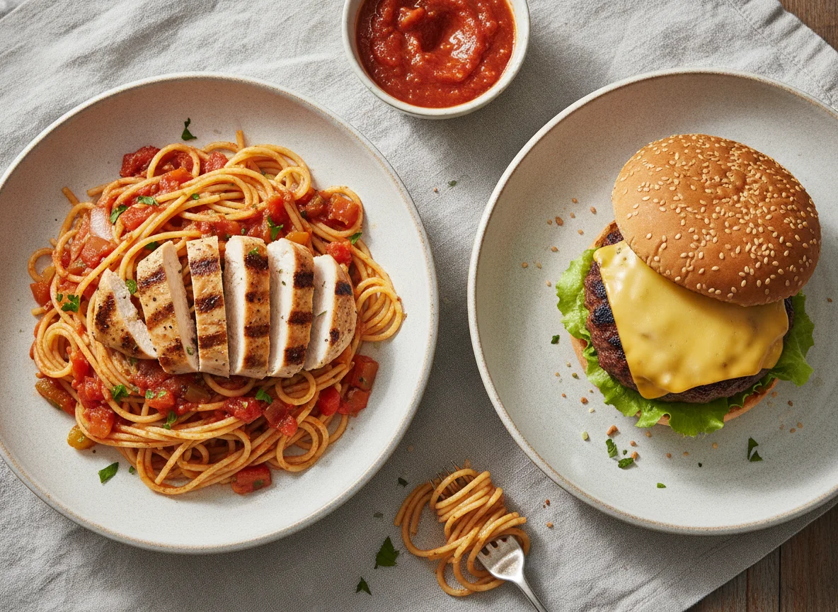 Espaguetis con pollo y hamburguesa con queso photo