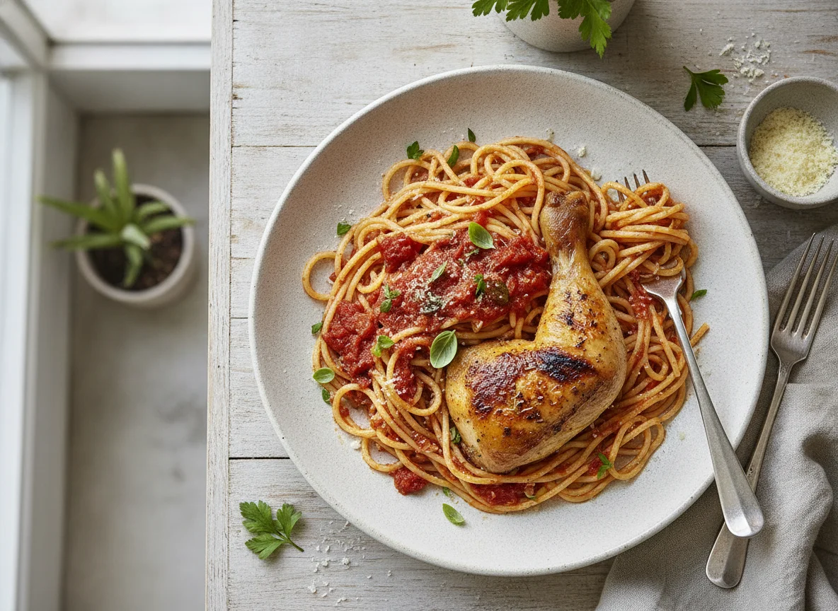 Espaguetis con pollo y salsa de tomate photo