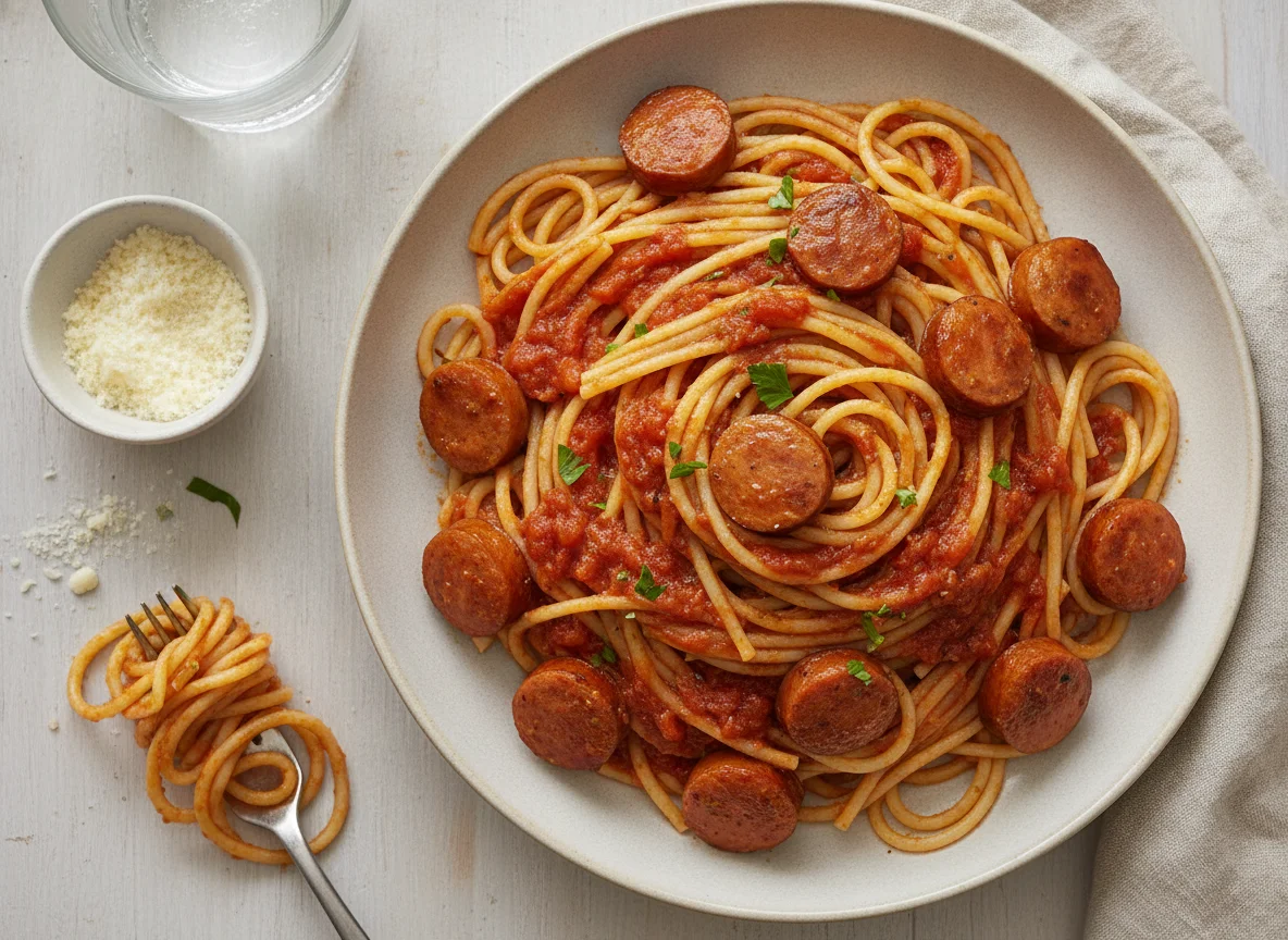 Espaguetis con salchichas y salsa de tomate photo