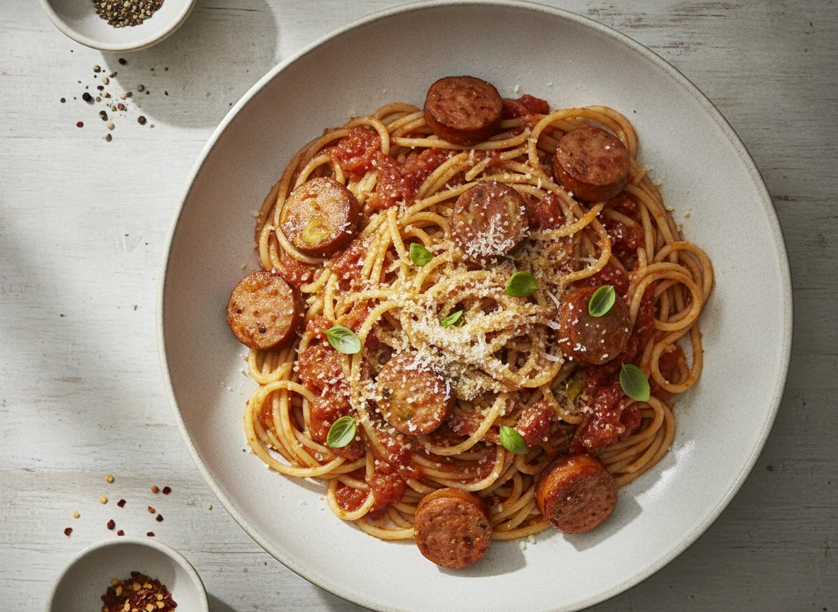 Espaguetis con salchichas y tomate photo