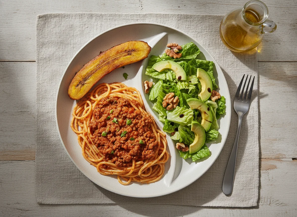 Espaguetis con salsa boloñesa, ensalada verde y plátano maduro photo
