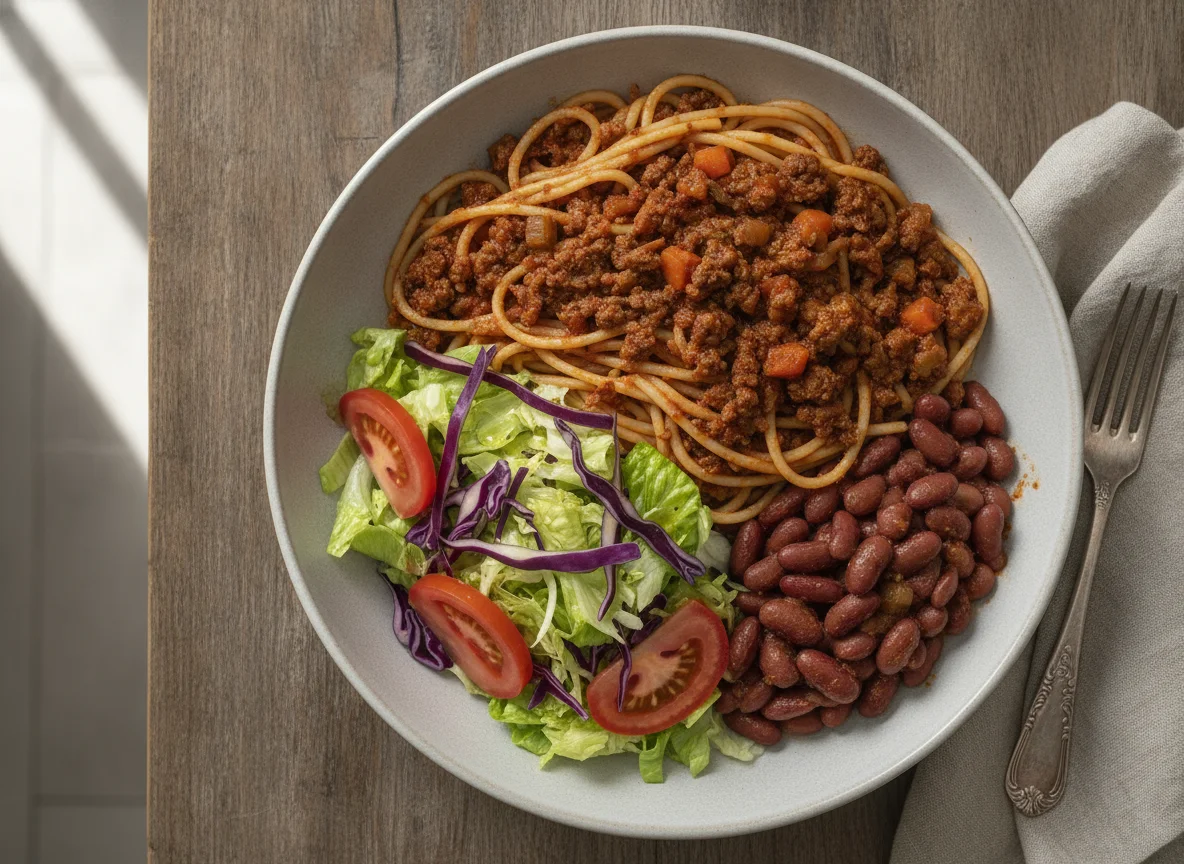Espaguetis con salsa boloñesa, porotos y ensalada mixta photo