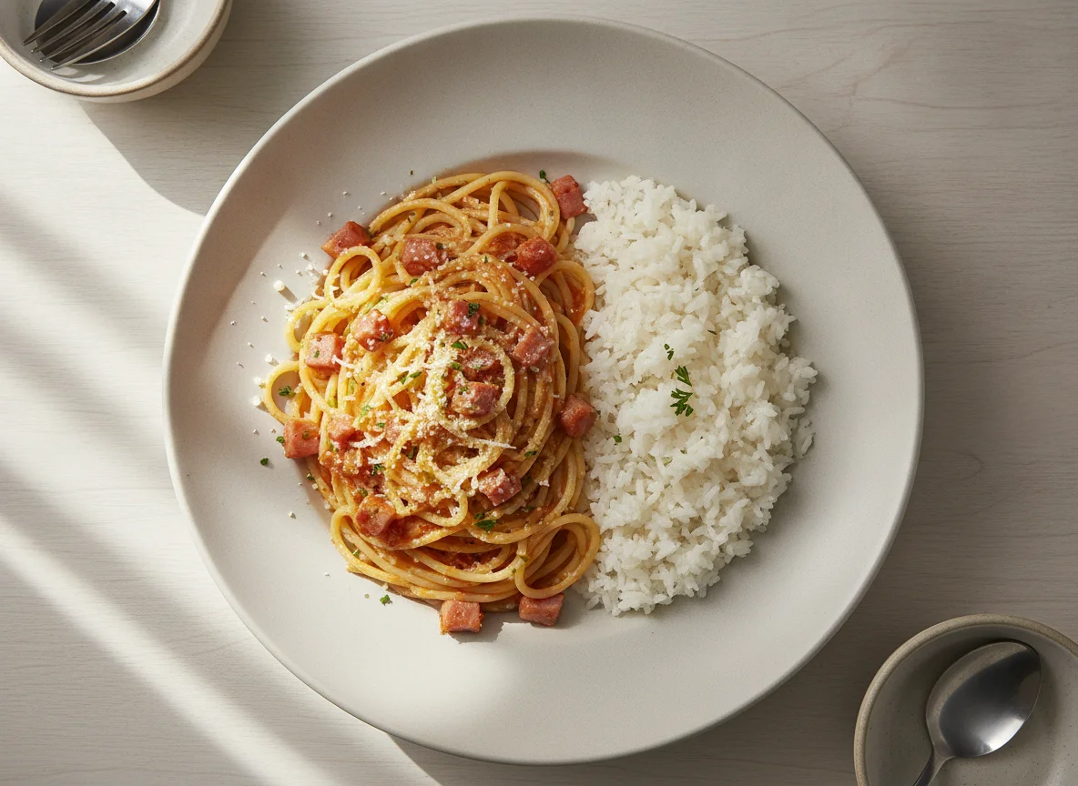 Espaguetis con salsa cremosa y arroz blanco photo