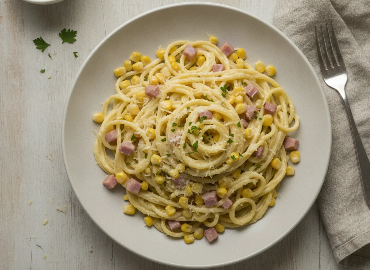 Espaguetis con salsa cremosa y maíz photo
