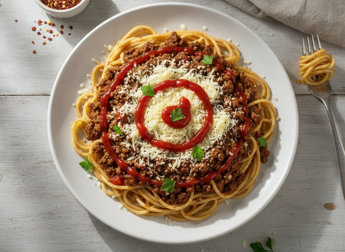 Espaguetis con salsa de carne, kétchup y queso photo