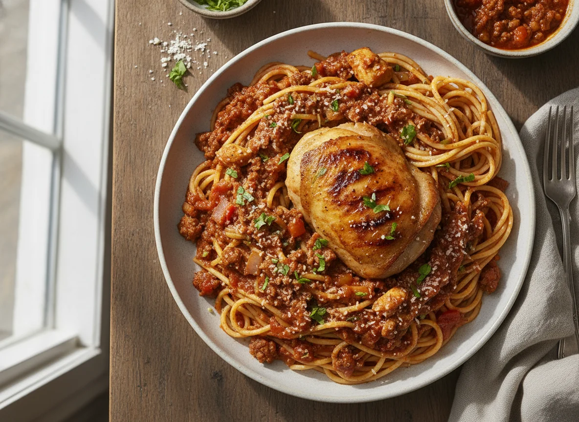 Espaguetis con salsa de carne y pollo asado photo
