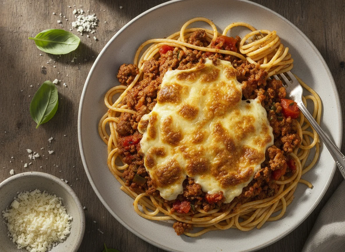 Espaguetis con salsa de carne y queso photo