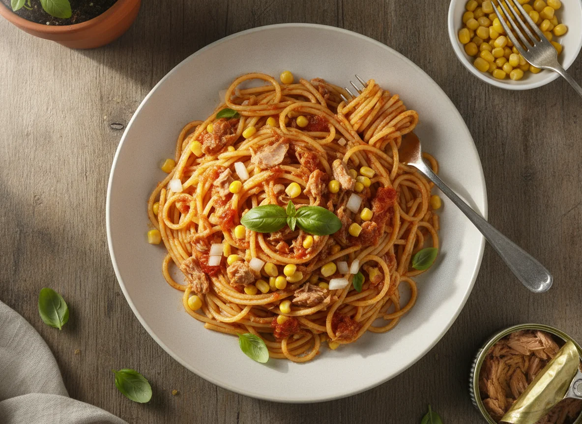 Espaguetis con salsa de tomate, atún y maíz photo