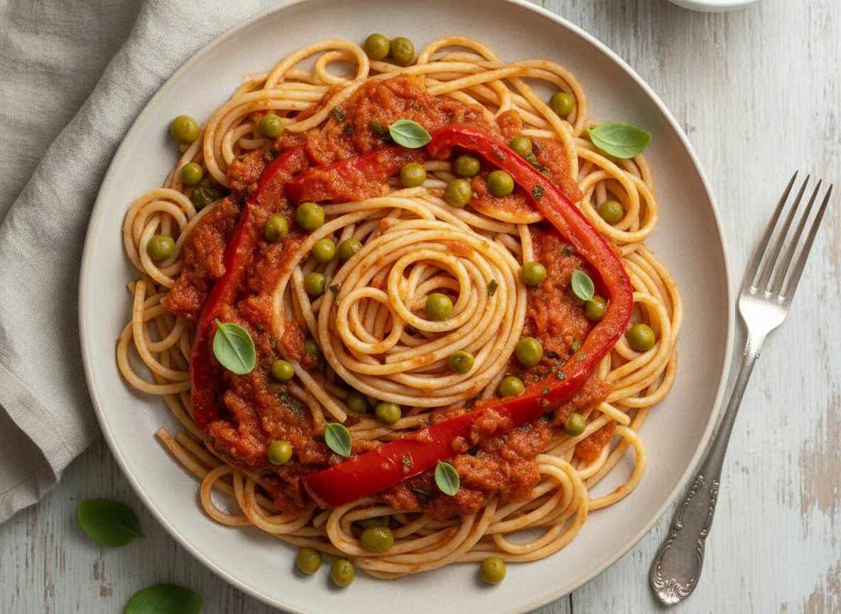 Espaguetis con salsa de tomate, guisantes y pimientos photo