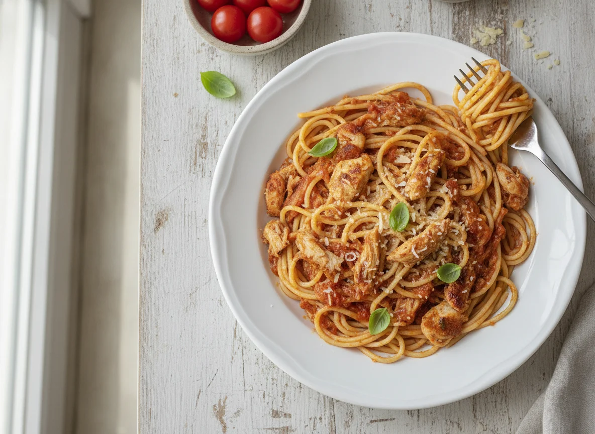 Espaguetis con salsa de tomate y pollo photo
