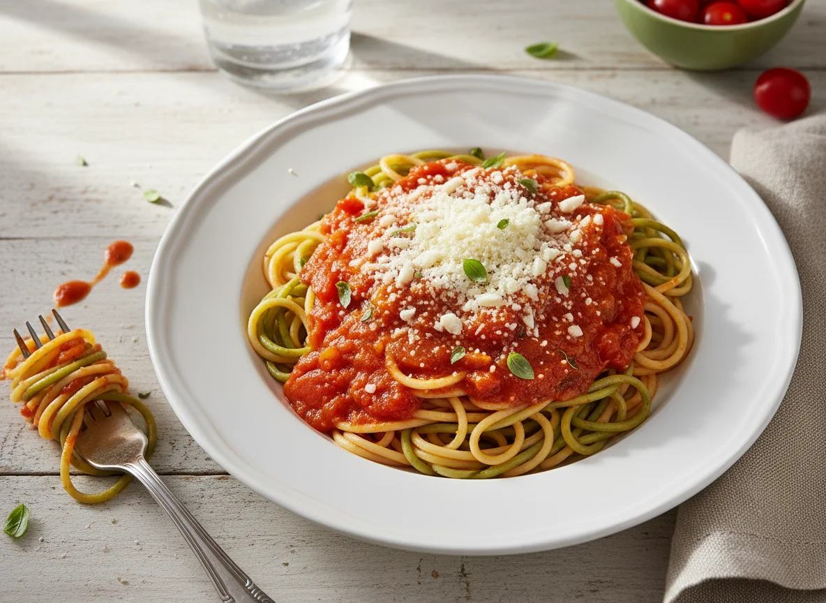 Espaguetis con salsa de tomate y queso rallado photo