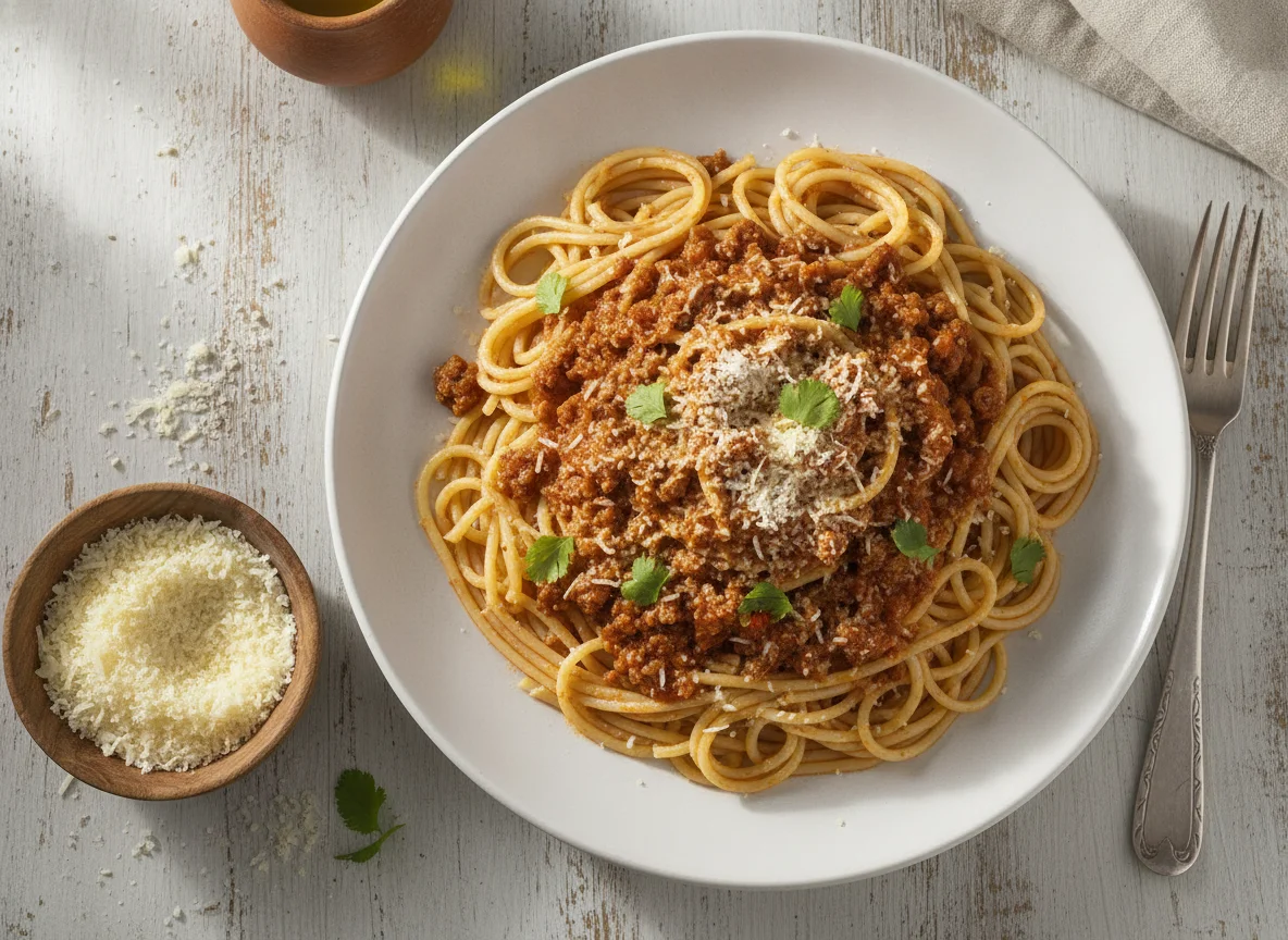 Espaguetis con salsa y queso photo