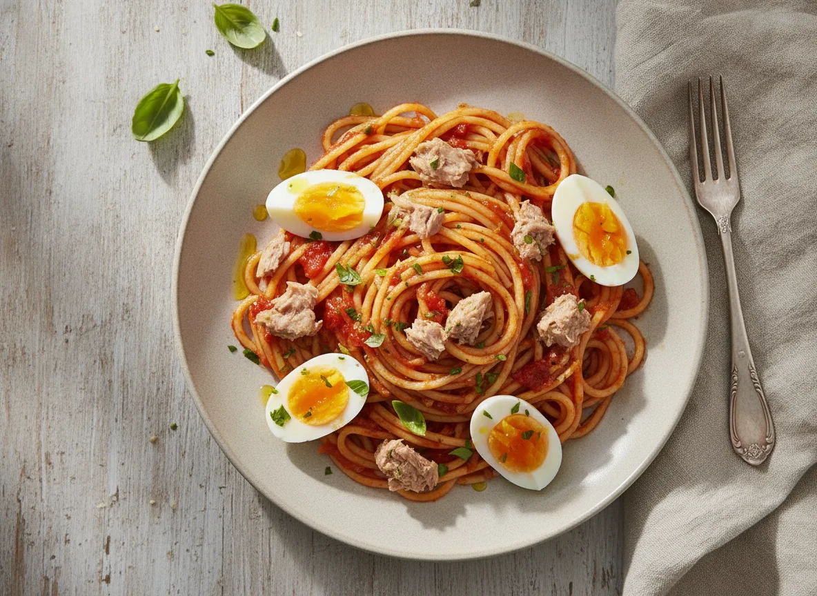 Espaguetis con tomate, atún y huevo photo
