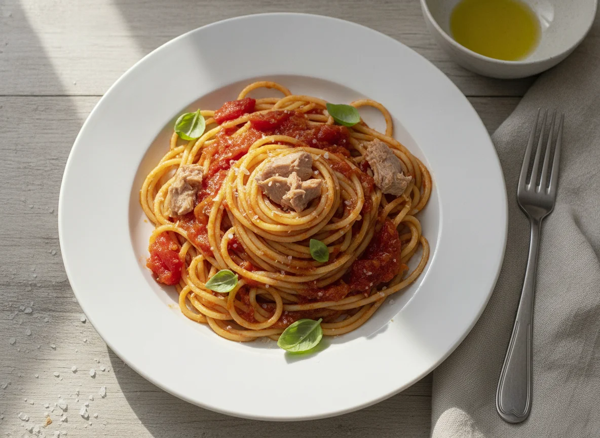 Espaguetis con tomate y atún photo