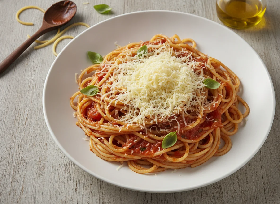 Espaguetis con tomate y queso rallado photo
