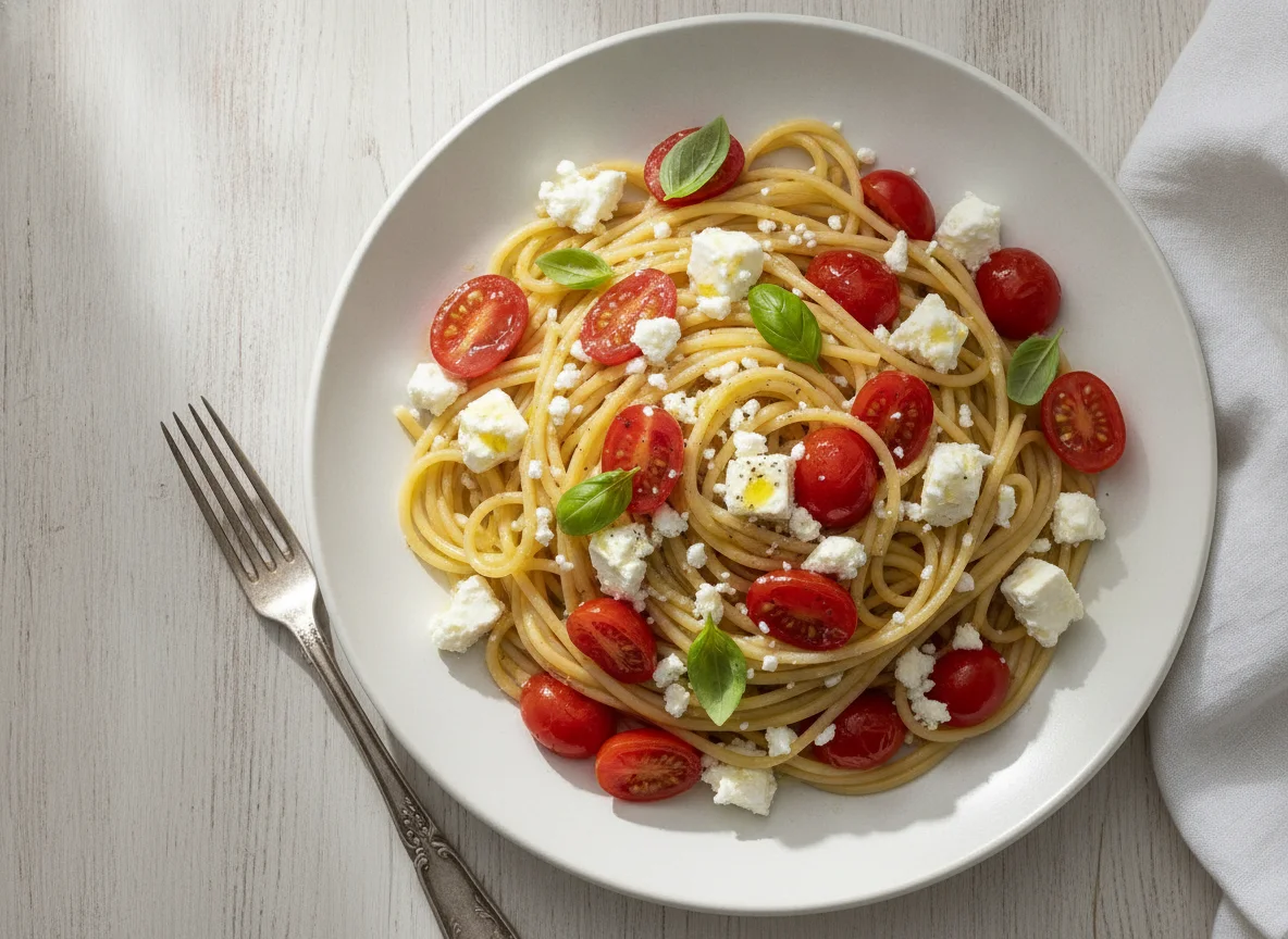 Espaguetis con tomates cherry y queso feta photo