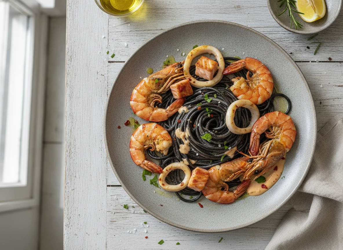 Espaguetis negros con marisco y salmón photo