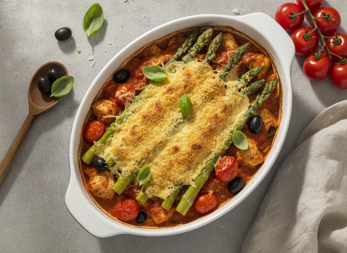 Espárragos gratinados con pollo a la pomarola photo