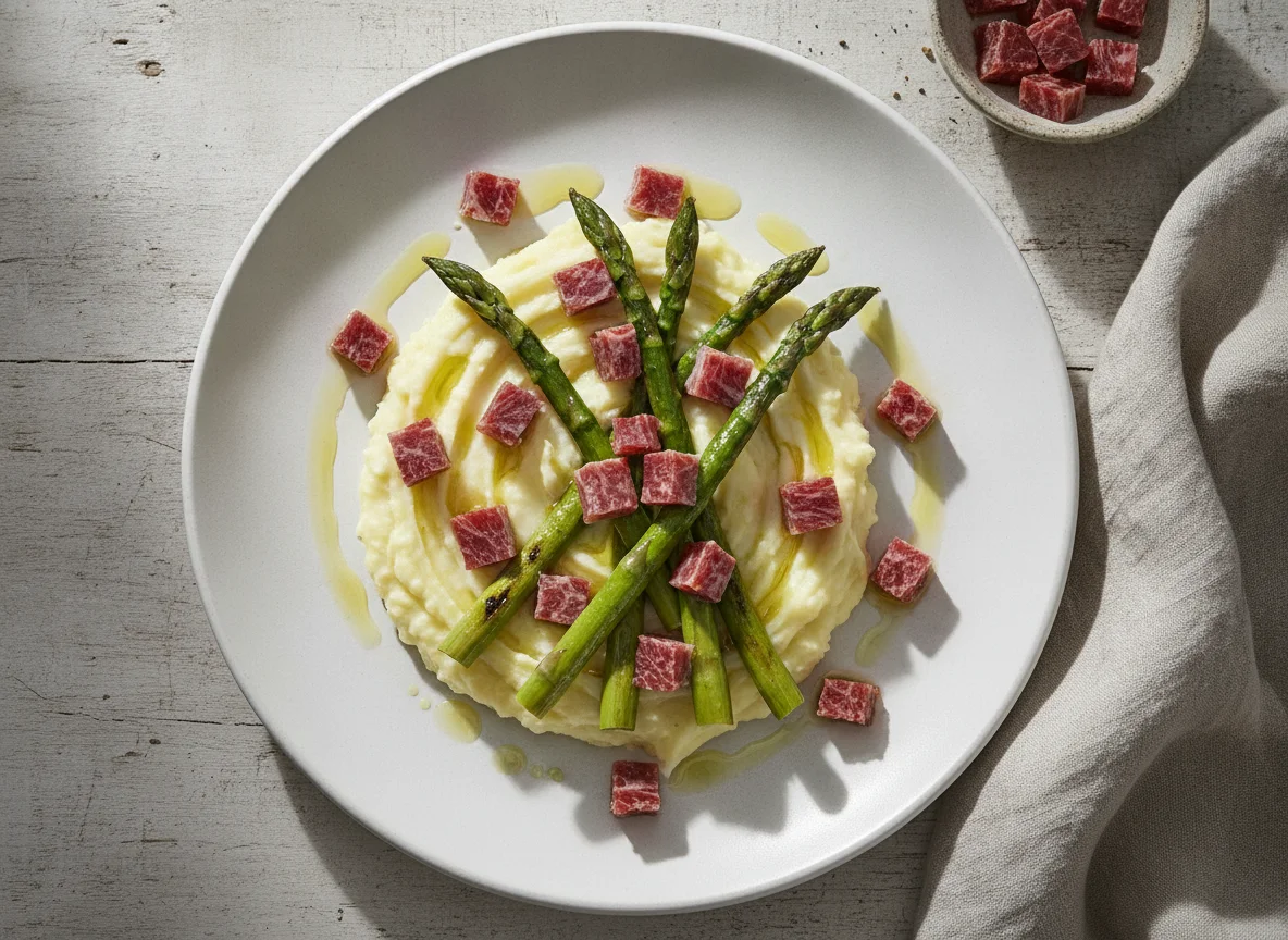 Espárragos trigueros con puré de patata y jamón photo