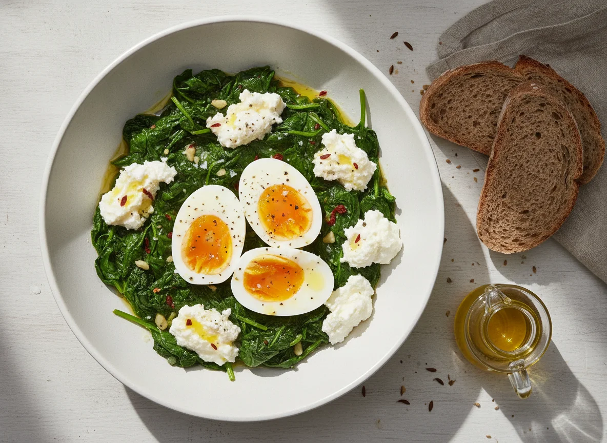 Espinacas con huevos cocidos, ricotta y pan de centeno photo