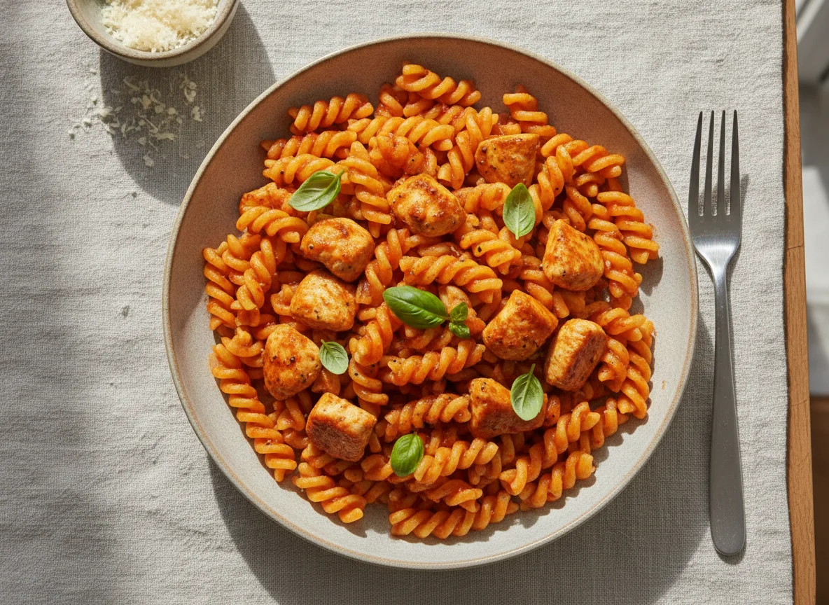 Espirales con salsa de tomate y pollo photo