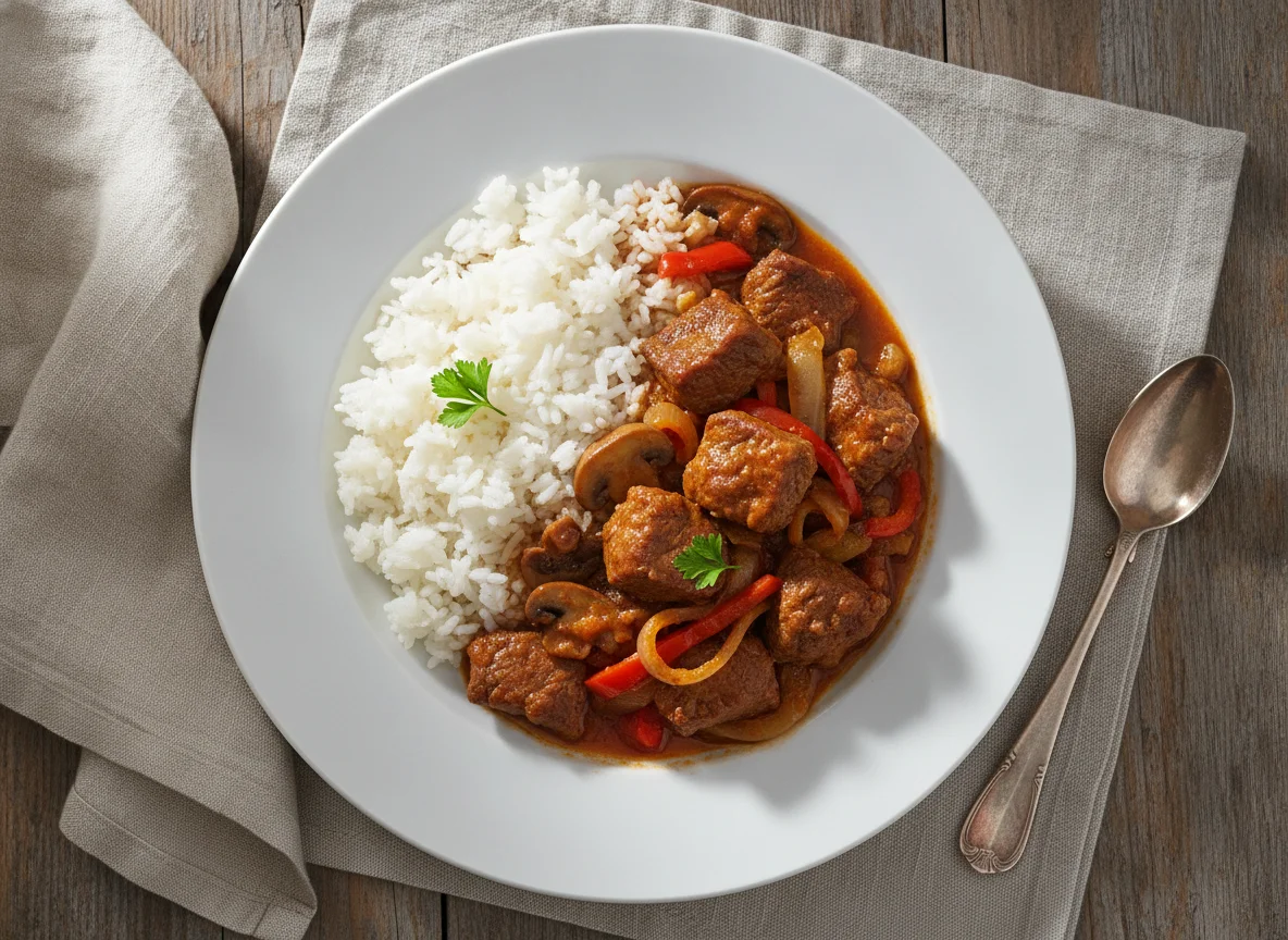 Estofado de carne con arroz y verduras photo