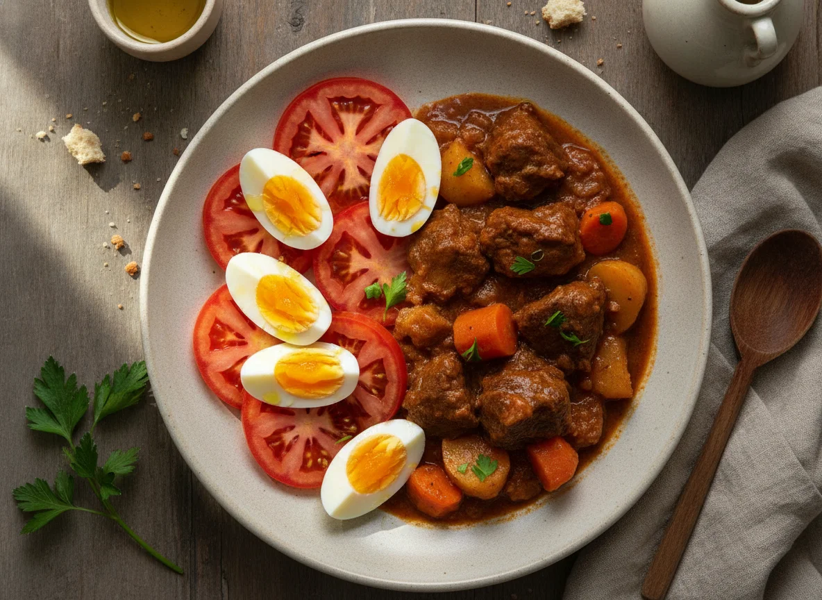 Estofado de carne con ensalada de tomate y huevo photo