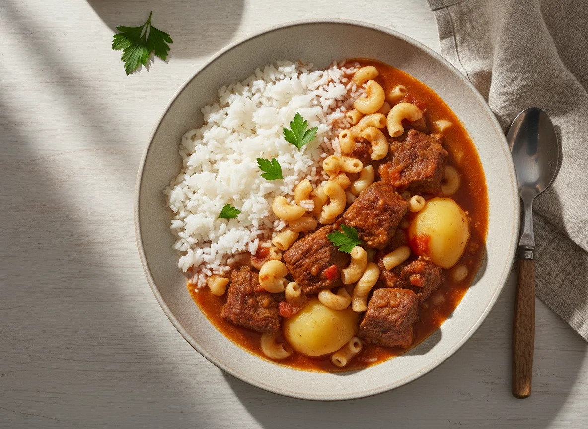 Estofado de carne con pasta y arroz photo