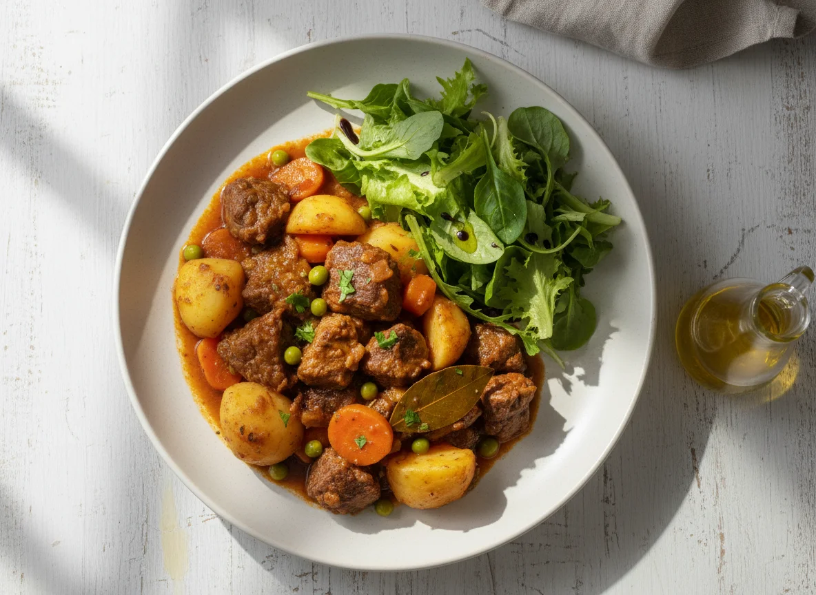 Estofado de carne con patatas y ensalada photo
