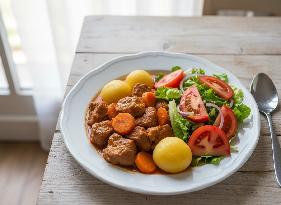 Estofado de carne con patatas y ensalada de tomate photo
