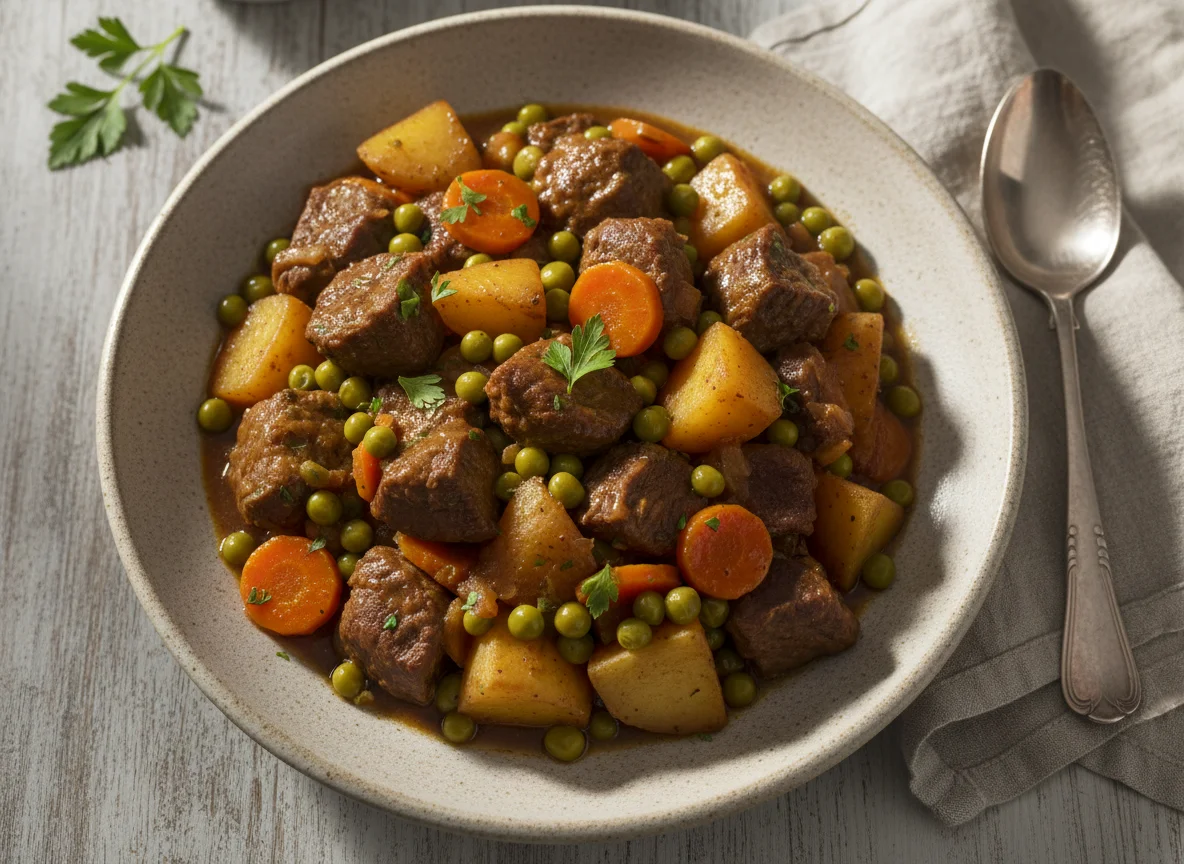 Estofado de carne con patatas y guisantes photo