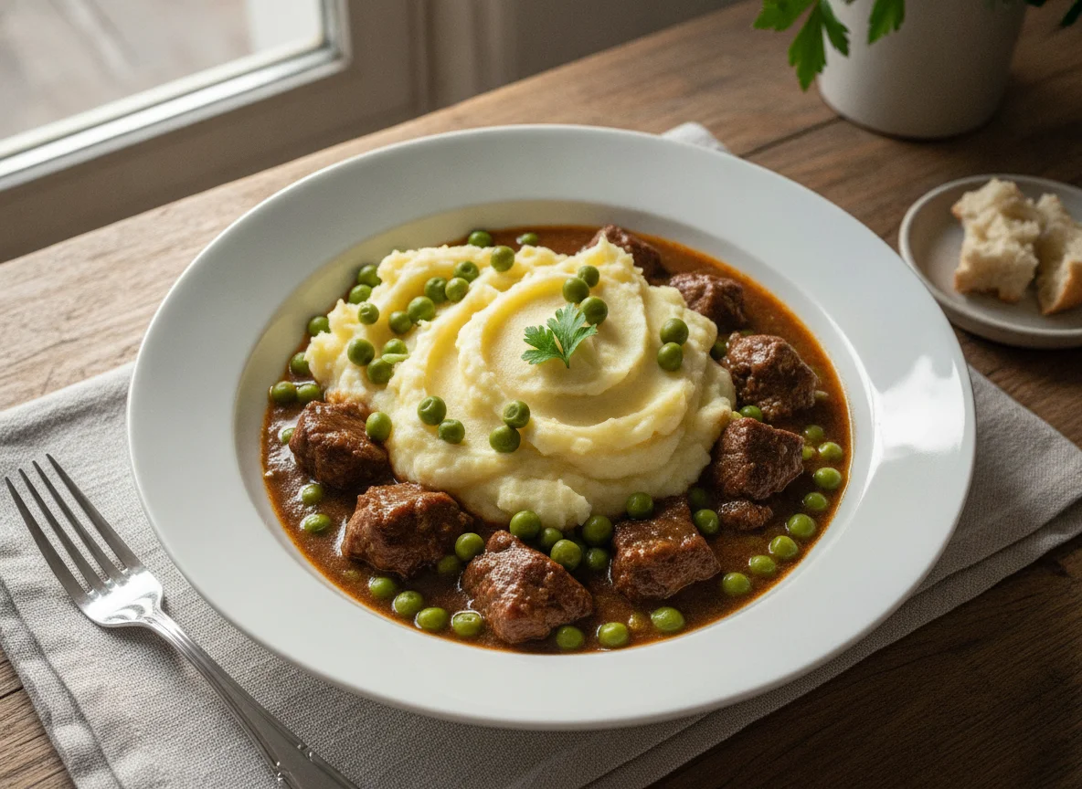 Estofado de carne con puré de papas y arvejas photo