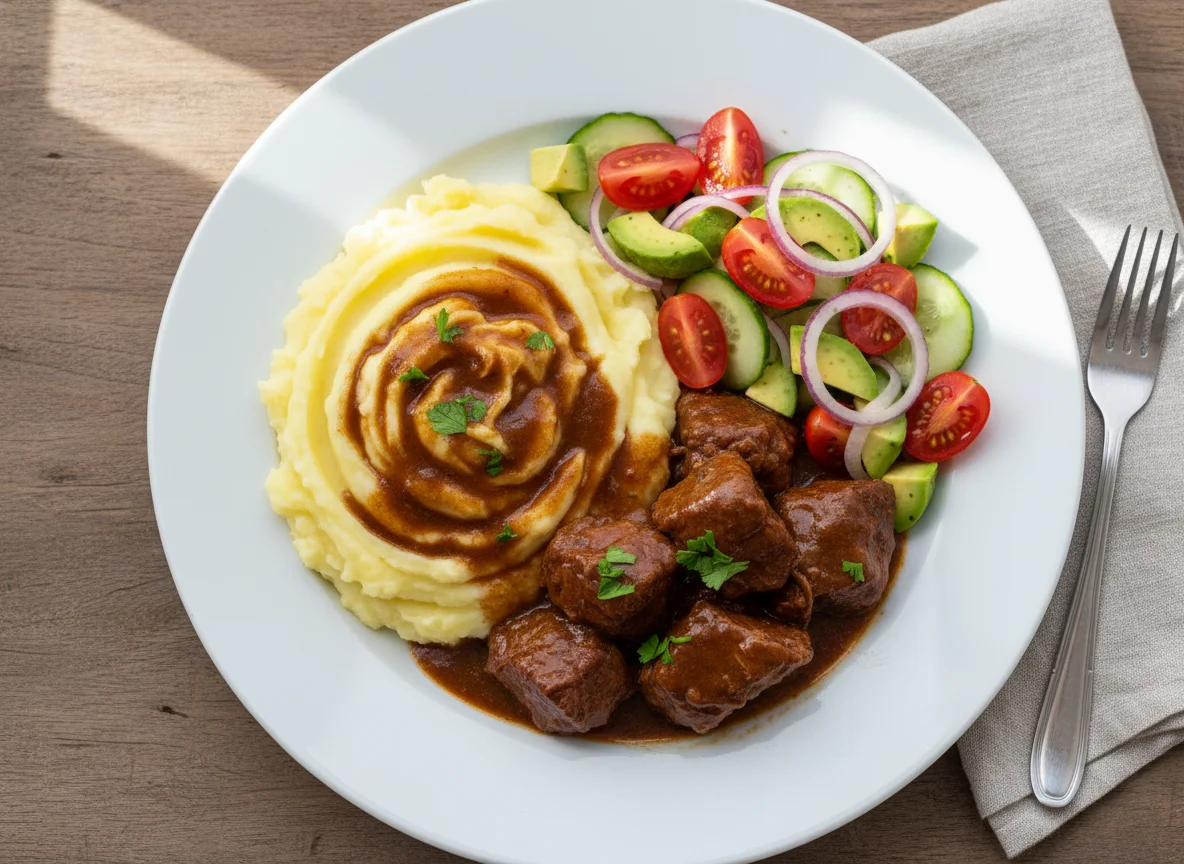 Estofado de carne con puré de patatas y ensalada mixta photo