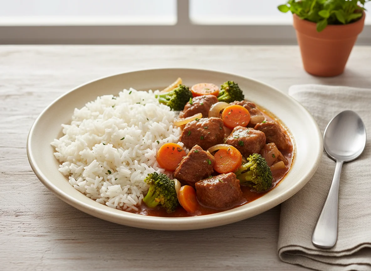 Estofado de carne con verduras y arroz photo