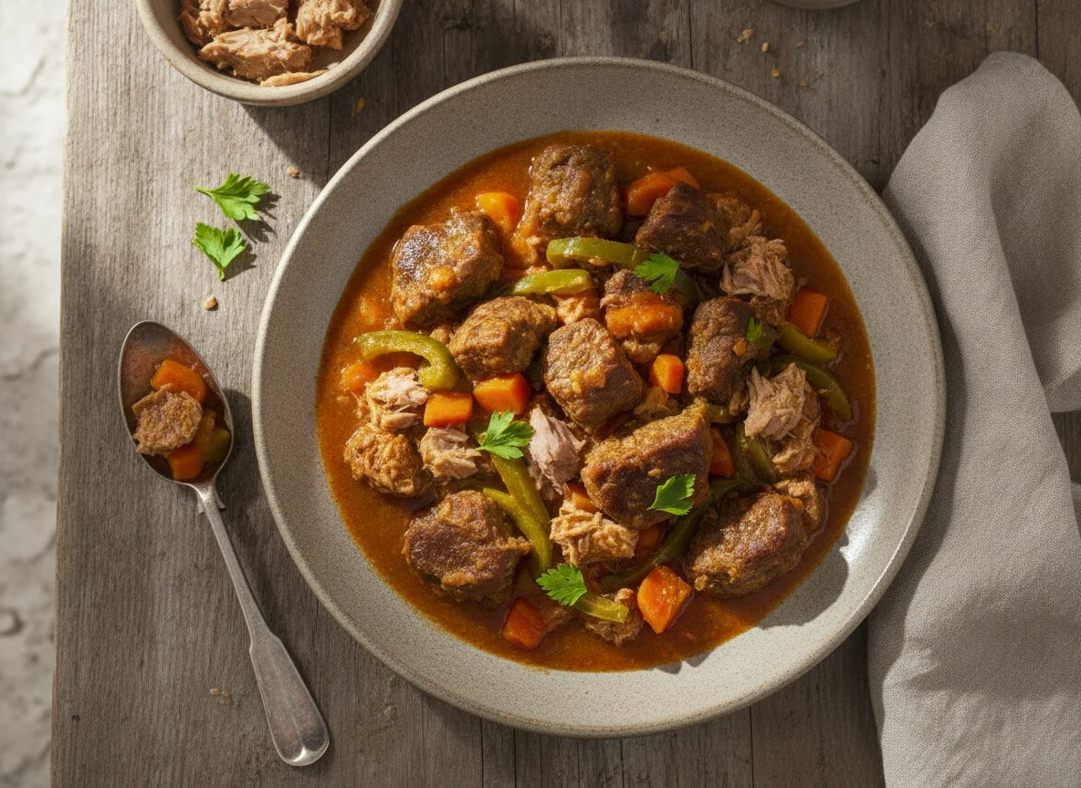 Estofado de carne con verduras y atún photo