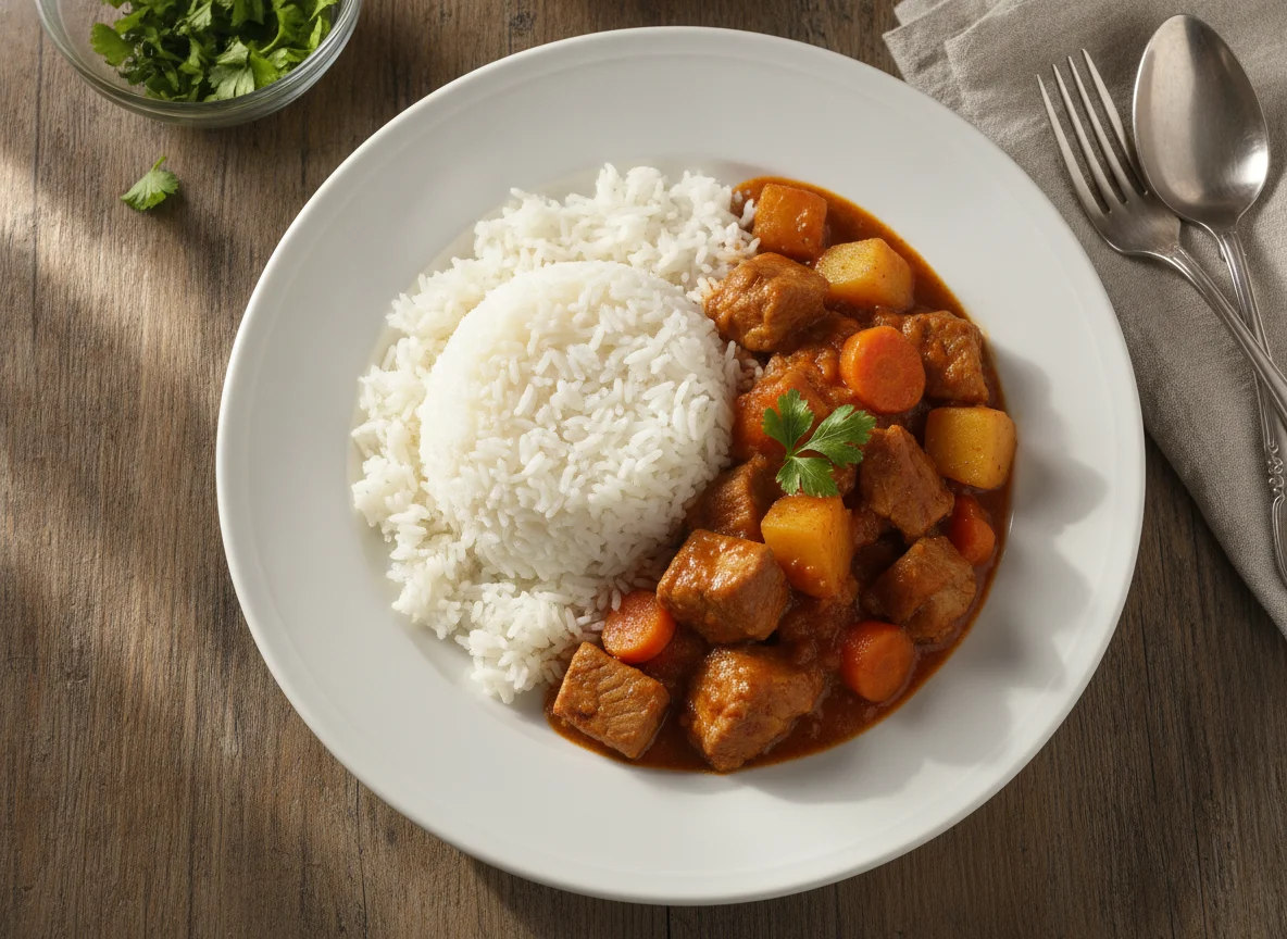 Estofado de cerdo con arroz blanco photo