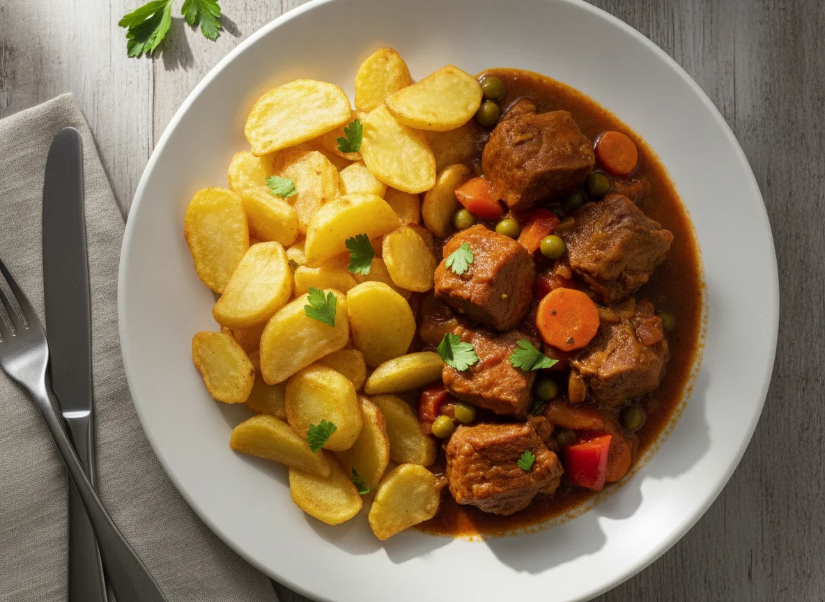 Estofado de cerdo con patatas fritas photo